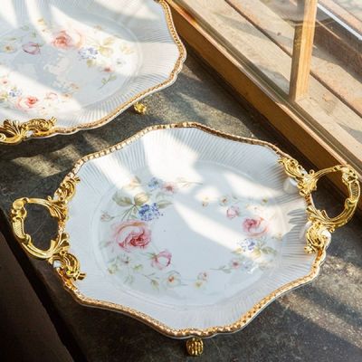 엔틱 TNDB5263 골드 플라워 도자기 사각 플레이트 접시 대 34cm