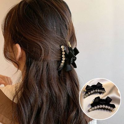 여성 TJ02UI34 진주 큐빅 리본 반묶음 잔머리 미니 집게핀_진주_ONE