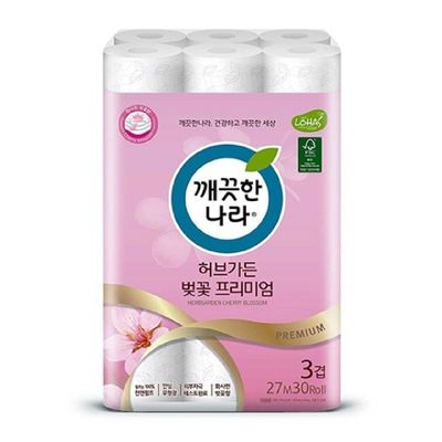 깨끗한나라 38UR1069 3겹 데코벚꽃 화장지 27MX30롤 3개입