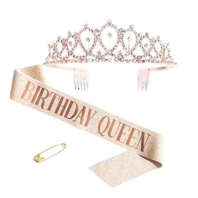 생일 C9P2E4A6 파티 왕관 어깨띠 미스코리아띠 티아라 세트_로즈골드